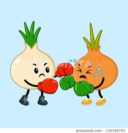 Cartoon onions engage in a humorous boxing match with expressions of effort and determination. Cartoon onions engage in a humorous boxing match with expressions of effort and determination. 130196793