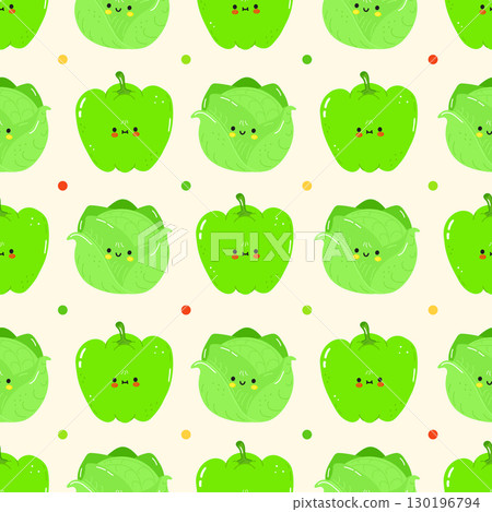 A charming, repeating pattern featuring adorable, smiling green bell peppers and cabbages. A charming, repeating pattern featuring adorable, smiling green bell peppers and cabbages. 130196794
