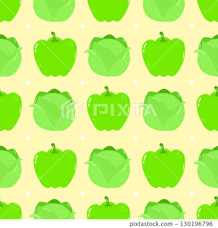 A playful, seamless pattern featuring green peppers and cabbages on a yellow backdrop. A playful, seamless pattern featuring green peppers and cabbages on a yellow backdrop. 130196796
