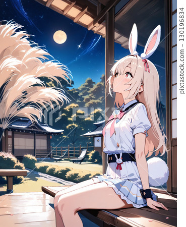 月夜裡坐在陽台上的兔女郎 130196834