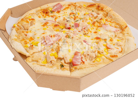 Pizza with chicken, ham and corn on a white background. Pizza in a box, isolated. Pizza with chicken, ham and corn on a white background. Pizza in a box, isolated. 130196852