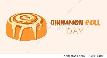 Seasonal card with bun for National cinnamon roll day in flat style. Hand drawn vector illustration for autumn banners and social media posts 130196888