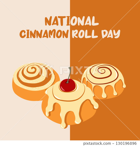 Seasonal card with buns for National cinnamon roll day in flat style. Hand drawn vector illustration for autumn banners and social media posts Seasonal card with buns for National cinnamon roll day in flat style. Hand drawn vector illustration for autumn banners and social media posts 130196896