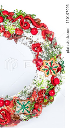 Christmas wreath candle candle gingerbread tree white snow isolated Christmas wreath candle candle gingerbread tree white snow isolated 130197093