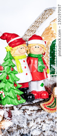 Christmas wreath candle candle gingerbread tree white snow isolated 130197097