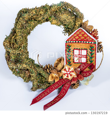 Christmas wreath candle candle gingerbread tree white snow isolated 130197219