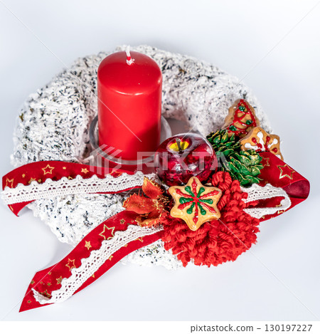 Christmas wreath candle candle gingerbread tree white snow isolated Christmas wreath candle candle gingerbread tree white snow isolated 130197227