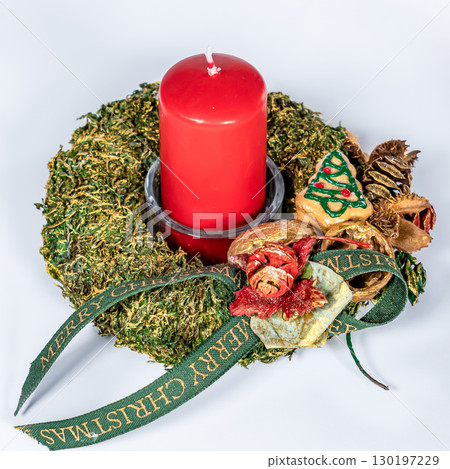 Christmas wreath candle candle gingerbread tree white snow isolated Christmas wreath candle candle gingerbread tree white snow isolated 130197229