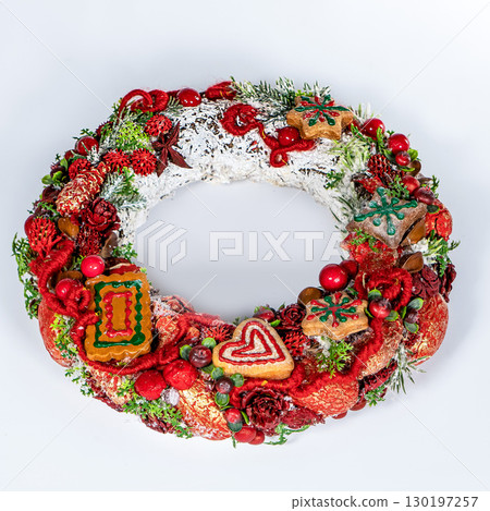 Christmas wreath candle candle gingerbread tree white snow isolated 130197257