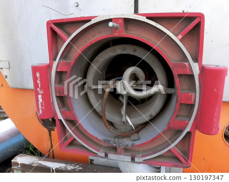 Old Steam Boiler Equipped With a Component of a Gas Burner in an Industrial Setting Old Steam Boiler Equipped With a Component of a Gas Burner in an Industrial Setting 130197347