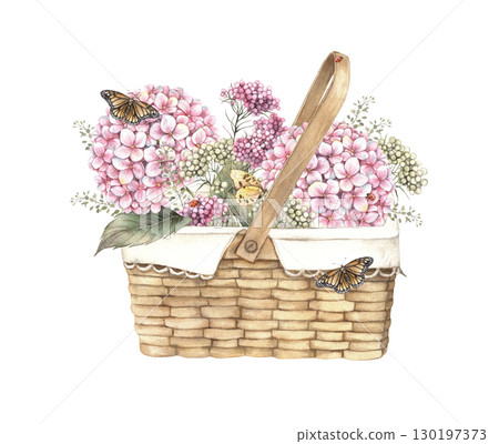 Wicker basket with white napkin, hydrangea flowers, green herbs, ozothamnus, and different butterflies. Watercolor illustration suitable for greeting cards, invitations, packaging and seasonal designs Wicker basket with white napkin, hydrangea flowers, green herbs, ozothamnus, and different butterflies. Watercolor illustration suitable for greeting cards, invitations, packaging and seasonal designs 130197373
