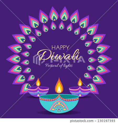 Diwali celebration card with rangoli and lamps diyas in flat style. Deepavali vector illustration for print and online projects Diwali celebration card with rangoli and lamps diyas in flat style. Deepavali vector illustration for print and online projects 130197393