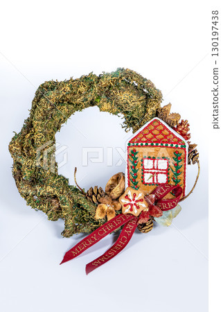 Christmas wreath candle candle gingerbread tree white snow isolated 130197438