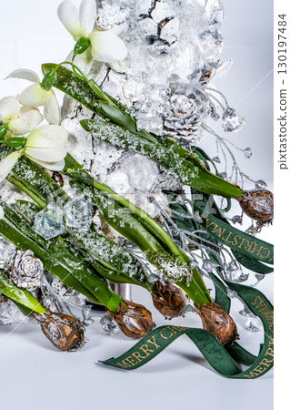 Christmas wreath candle candle gingerbread tree white snow isolated 130197484