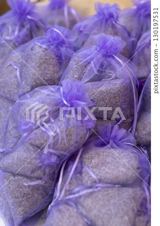 Lavender sachets creating a fragrant display in Nyons, France 130197531