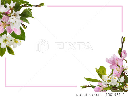 Spring twigs of garden trees for corners arrangements with frame isolated on white 130197541
