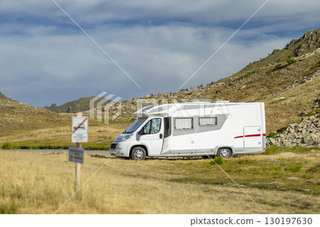Camper Van Enjoying Scenic Mountain View in Piedmont, Italy 130197630