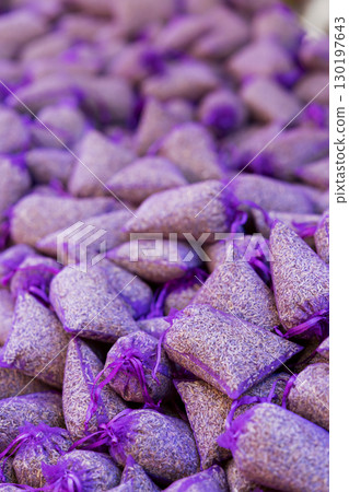 Lavender sachets filling the frame in a french market in Nyons Lavender sachets filling the frame in a french market in Nyons 130197643