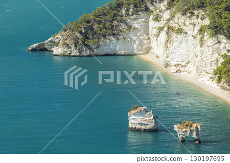 White Cliffs and Turquoise Sea Meeting at Baia delle Zagare in Mattinata, Italy 130197695