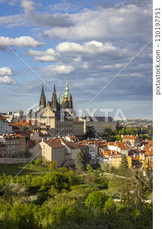 Prague Castle dominating the cityscape under a cloudy sky in Spring 130197751