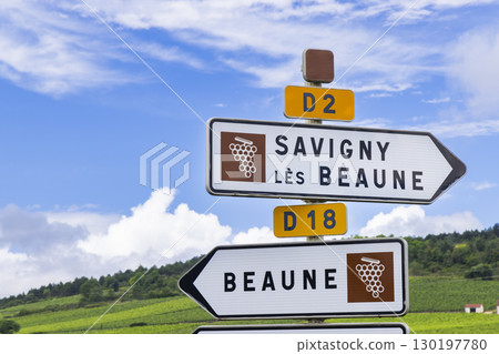 Road signs pointing to Savigny les Beaune and Beaune in Burgundy, France, with vineyards in the background 130197780