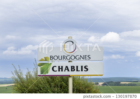 Chablis Bourgogne wine region road sign in France welcoming visitors Chablis Bourgogne wine region road sign in France welcoming visitors 130197870