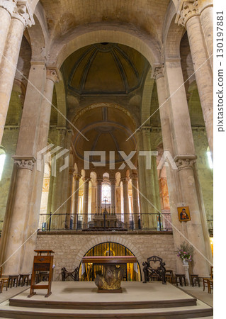 Interior of the Baptistery Saint Jean de Poitiers showing altar, dome and columns 130197881