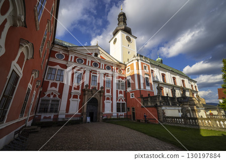 Broumov Monastery standing tall under a cloudy sky in Czechia Broumov Monastery standing tall under a cloudy sky in Czechia 130197884