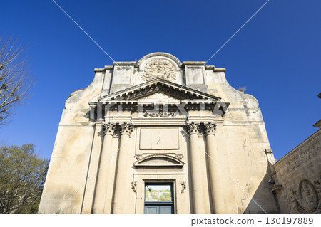 Chapelle de la Charite Arles France showing its sundial and blue sky 130197889
