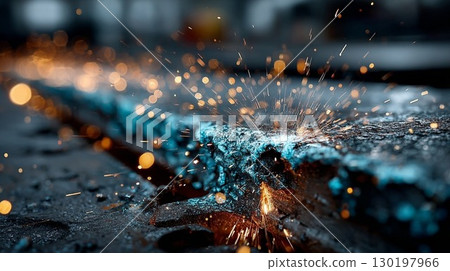 Welding sparks on a metal beam in an industrial setting 130197966