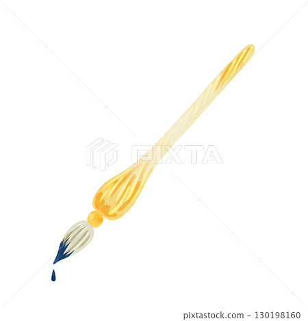 黃色玻璃筆和海軍墨水滴。手繪水彩插圖。 130198160