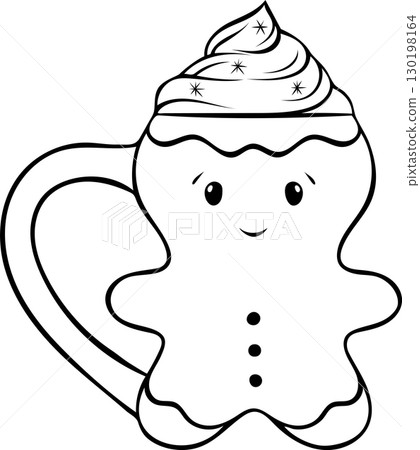 funny Christmas mug in the shape of a gingerbread man, cocoa with cream, cozy Christmas drink, simple vector black and white icon, doodle and sketch style funny Christmas mug in the shape of a gingerbread man, cocoa with cream, cozy Christmas drink, simple vector black and white icon, doodle and sketch style 130198164