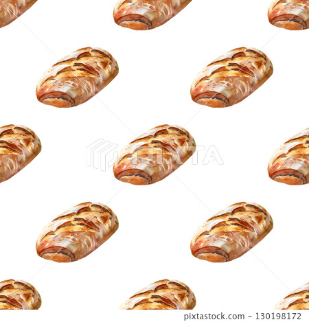 Watercolor repeating pattern of artisan bread loaves with scoring details and golden crust. Versatile design for deli menus and culinary content 130198172
