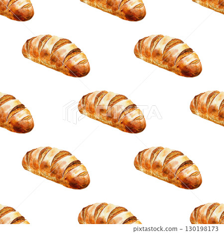 Seamless pattern with watercolor bread loaves on clean white background. Ideal for cafe branding and homemade food designs 130198173
