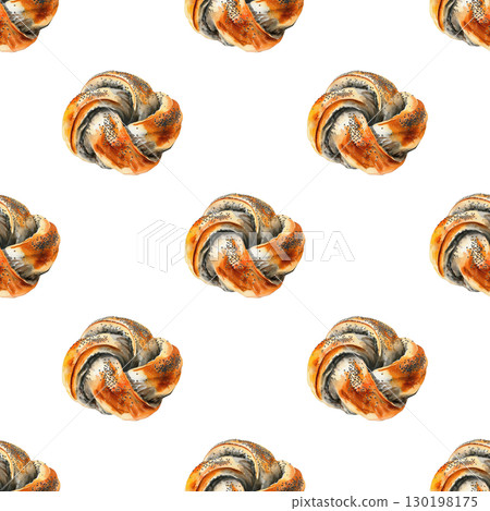 Bakers collection seamless pattern featuring watercolor poppy seed braided buns with rustic charm. Perfect for recipe books and packaging 130198175