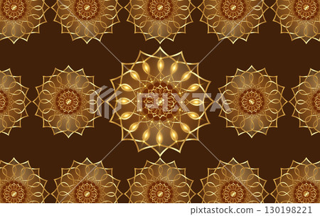 Golden mandalas template, luxury round indian pattern, muslim texture. Gold flowers mandala design brown background. Sacred symbols cover vector Illustration 130198221