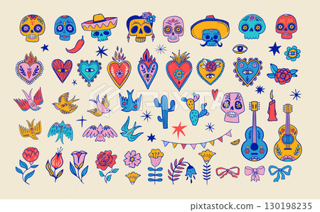 Collection of Mexican, Latin, South America elements, icons, hand drawn illustrations with Mexican Collection of Mexican, Latin, South America elements, icons, hand drawn illustrations with Mexican 130198235