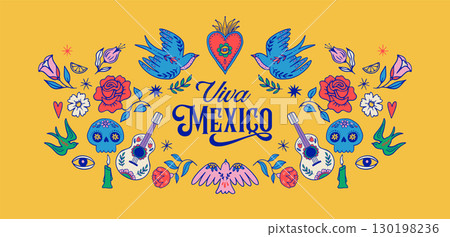 Viva Mexico. Mexican culture, Mexican Fiesta, Mexican Menu restaurant and Cinco de Mayo invitation 130198236