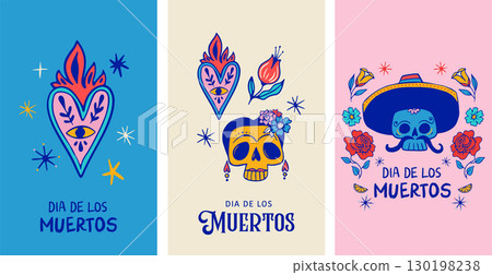 Dia de los muertos, Day of the dead, Mexican holiday, festival. Vertical cards, posters, banners in Dia de los muertos, Day of the dead, Mexican holiday, festival. Vertical cards, posters, banners in 130198238