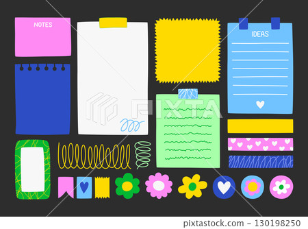 Set of notes, stickers, paper forms with space for text. reminders, to-do list, planner, schedule. Hand drawn flat templates from paper scraps, part of sheets, paper clips, buttons, signs for print. 130198250