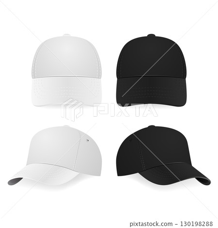 Baseball Cap Mockup Set. Realistic Baseball Cap Template in White and Black Colors. Vector Baseball Cap Design for Branding, Logo Presentation, Fashion Accessories, Sport Outfit Baseball Cap Mockup Set. Realistic Baseball Cap Template in White and Black Colors. Vector Baseball Cap Design for Branding, Logo Presentation, Fashion Accessories, Sport Outfit 130198288