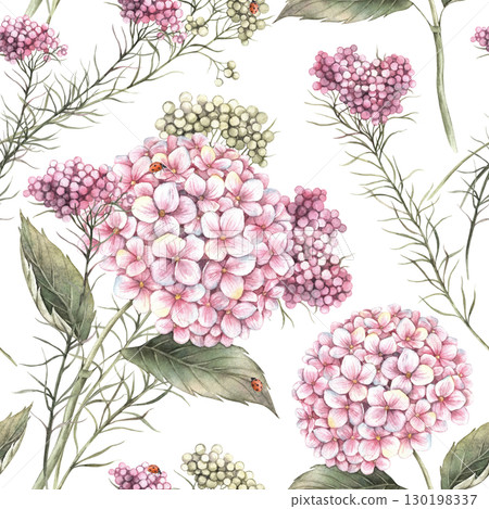 Beautiful flowers of hydrangea and ozothamnus, beautifully intertwined with each other. Watercolor seamless pattern of flowers is suitable for decorating textiles, packaging, wedding and floral design Beautiful flowers of hydrangea and ozothamnus, beautifully intertwined with each other. Watercolor seamless pattern of flowers is suitable for decorating textiles, packaging, wedding and floral design 130198337