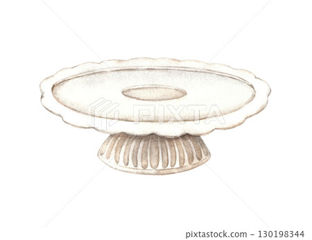 White ceramic openwork plate stand for sweet desserts and cakes. Watercolor illustration on an isolated background is suitable for decorating desserts, confectionery, shops. 130198344