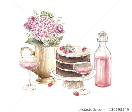 A multilayer cake with cream layers, a vase with hydrangea flowers, pink wine and glasses, raspberries. Watercolor illustration is suitable for wedding invitations, postcards, gentle holidays. A multilayer cake with cream layers, a vase with hydrangea flowers, pink wine and glasses, raspberries. Watercolor illustration is suitable for wedding invitations, postcards, gentle holidays. 130198349