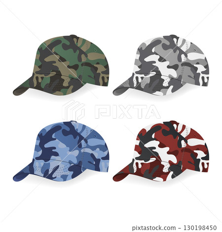 Camouflage Baseball Cap Set. Vector Camouflage Baseball Cap with Army Pattern in Green, Gray, Blue and Red Colors. Camouflage Baseball Cap Design for Fashion, Branding, Streetwear Camouflage Baseball Cap Set. Vector Camouflage Baseball Cap with Army Pattern in Green, Gray, Blue and Red Colors. Camouflage Baseball Cap Design for Fashion, Branding, Streetwear 130198450