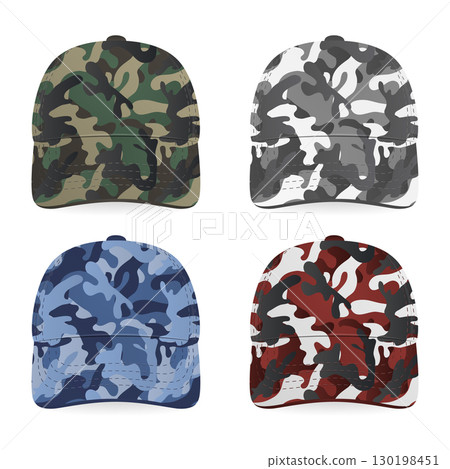 Camouflage Baseball Cap Set. Vector Camouflage Baseball Cap with Army Pattern in Green, Gray, Blue and Red Colors. Camouflage Baseball Cap Design for Fashion, Branding, Streetwear Camouflage Baseball Cap Set. Vector Camouflage Baseball Cap with Army Pattern in Green, Gray, Blue and Red Colors. Camouflage Baseball Cap Design for Fashion, Branding, Streetwear 130198451