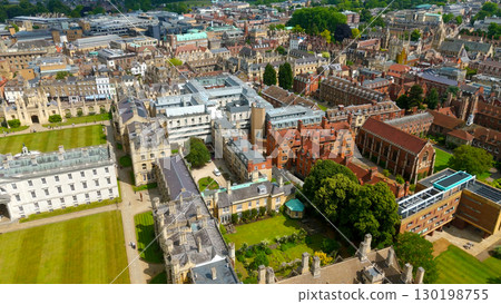 Aerial view of Cambridge University colleges and buildings showing green lawns and courtyards 130198755