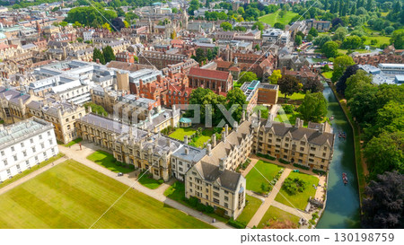 Cambridge University buildings and river Cam seen from above on a sunny summer day 130198759