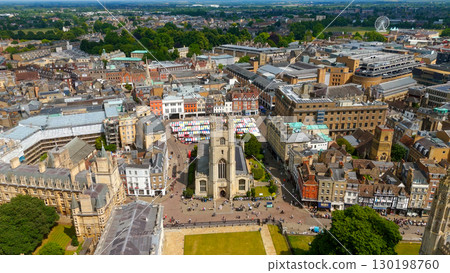 Cambridge Market Square and Great St Mary's Church rising above the City of Cambridge, UK 130198760