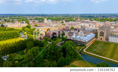 Cambridge University buildings and parks embracing River Cam on a sunny summer day 130198761